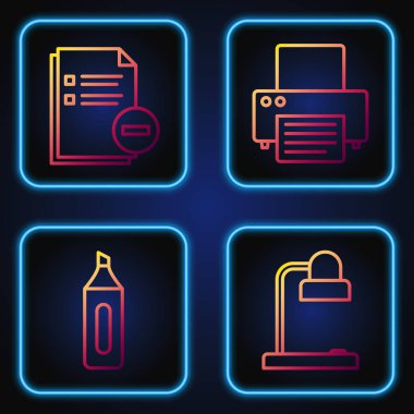 Satır Masa lambası, İşaretleyici kalem, Eksi ve Yazıcı ile Belge ayarla. Renk simgeleri. Vektör