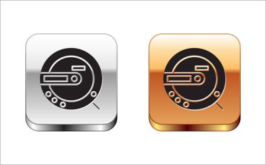 Siyah Müzik CD çalar simgesi beyaz arkaplanda izole edildi. Taşınabilir müzik cihazı. Gümüş-altın kare düğme. Vektör İllüstrasyonu