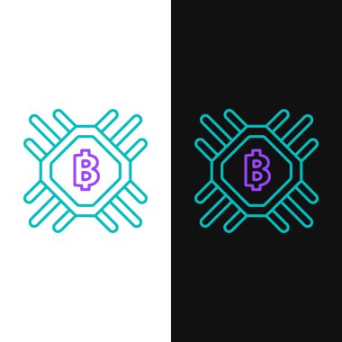 Yeşil ve mor çizgi Cpu maden çiftliği ikonu beyaz ve siyah arka planda izole edildi. İşlemcinin içinde bitcoin işareti. Kripto para madenciliği topluluğu. Dijital para. Vektör İllüstrasyonu
