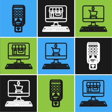 Satır Pos terminalini yazdırılmış tarifle ayarla ve ödemeyi akıllı telefon, alışveriş arabası ekranda ve alışveriş binasını ekran bilgisayar simgesine onayla. Vektör