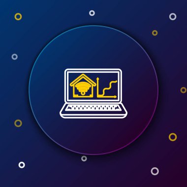 Koyu mavi arka planda kablosuz internet ikonu olan akıllı ev bilgisayarlı beyaz ve sarı çizgi dizüstü bilgisayar. Uzaktan kumanda. Renkli taslak konsepti. Vektör İllüstrasyonu