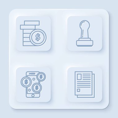 Dolar sembollü bozuk para, pul, dolar sembollü akıllı telefon ve dosya dökümanı. Beyaz kare düğme. Vektör