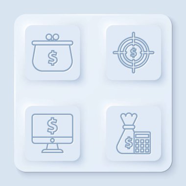 Dolar sembollü bir satır, dolar sembollü bir hedef, dolar sembollü bir bilgisayar monitörü ve para çantalı bir hesap makinesi. Beyaz kare düğme. Vektör