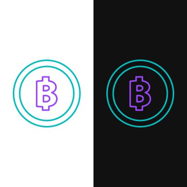 Yeşil ve mor çizgi kripto para birimi simgesi Bitcoin beyaz ve siyah arkaplanda izole edildi. Madeni para. Engelleme zinciri tabanlı şifreli para birimi. Vektör İllüstrasyonu