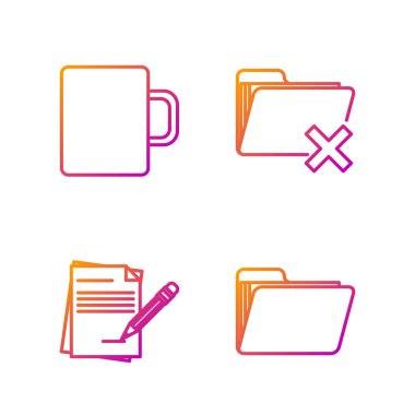 Dosya dizinini, silgiyle boş defter ve kalemi, kahve fincanını ve silme klasörünü ayarla. Renk simgeleri. Vektör