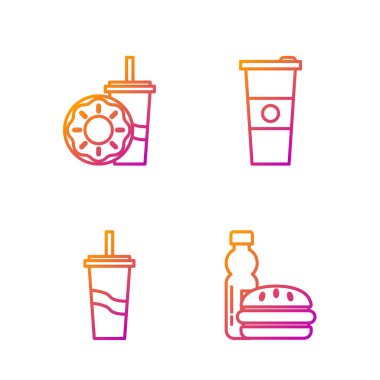 Bir şişe su ve burger, kamış ve su içen kağıt bardak, pipet ve donut içen kağıt bardak ve su. Renk simgeleri. Vektör