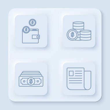 Cepte bozuk para, parada dolar sembolü, kağıt para ve dosya dokümanı var. Beyaz kare düğme. Vektör