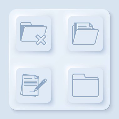 Satır Silme dizinini, Belge dizinini, Silgi ve Belge dizinine sahip boş defter ve kalemi ayarla. Beyaz kare düğme. Vektör