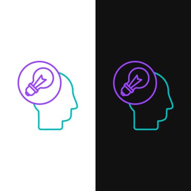 Green and purple line Human head with lamp bulb icon isolated on white and black background.  Vector Illustration