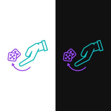 Green and purple line Human hand throwing game dice icon isolated on white and black background.  Vector Illustration