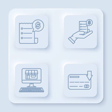 Satır kağıdını ve mali çekini belirle, boş makbuzlu insan elini tut ya da ödeme faturasını, ekran bilgisayarında alışveriş binasını ve kredi kartını. Beyaz kare düğme. Vektör