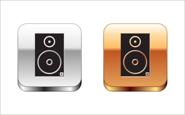 Beyaz arka planda yalıtılmış siyah Stereo hoparlör simgesi. Ses sistemi hoparlörleri. Müzik simgesi. Müzik sütun hoparlör bas ekipmanları. Gümüş-altın kare düğme. Vektör İllüstrasyonu