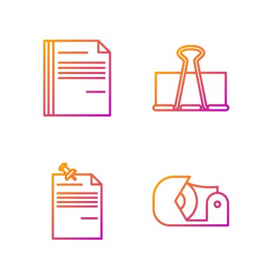 Çizgi Scotch 'u, raptiyeli not kağıdını, Dosya belgesini ve cilt klipsini ayarla. Renk simgeleri. Vektör