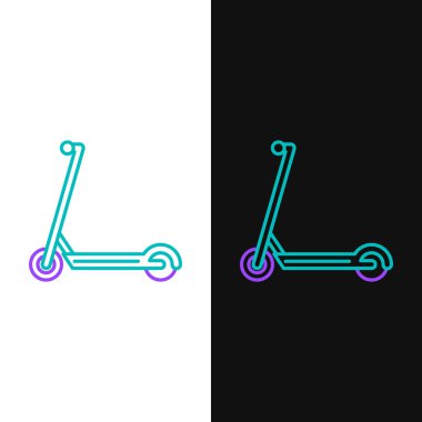 Green and purple line Scooter icon isolated on white and black background.  Vector Illustration