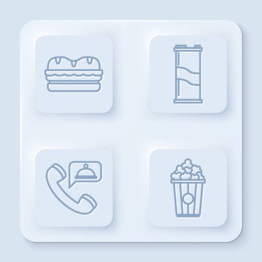 Çizgili sandviç, soda kutusu, yiyecek siparişi ve karton kutuda patlamış mısır. Beyaz kare düğme. Vektör