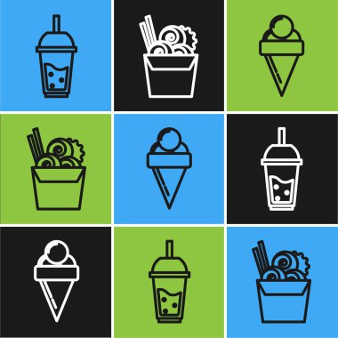 Saman içerken bir bardak limonata waffle külahında dondurma ve karton kutuda Asya eriştesi ve yemek çubuğu ikonu. Vektör