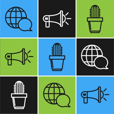 Set line World map made from speech bubble, Cactus and succulent in pot and Megaphone icon. Vector