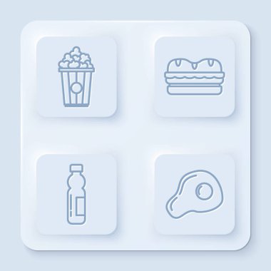 Çizgi patlamış mısırı karton kutuya, sandviçe, bir şişe suya ve çırpılmış yumurtaya koy. Beyaz kare düğme. Vektör