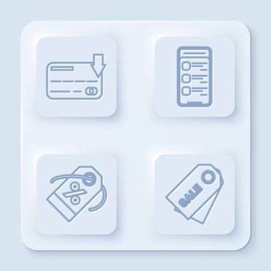 Online kredi kartı, cep telefonu alışverişi, indirimli yüzde etiketi ve indirimli fiyat etiketi ayarla. Beyaz kare düğme. Vektör