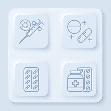 İğne, ilaç hapı ya da tablet ile tıbbi şırıngayı, su toplayan hapları, ilaç şişesini ve hapları hazırlayın. Beyaz kare düğme. Vektör
