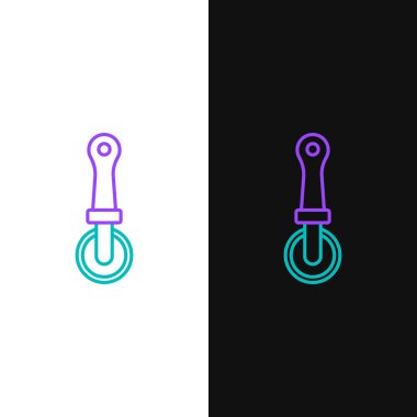 Green and purple line Pizza knife icon isolated on white and black background. Pizza cutter sign. Steel kitchenware equipment.  Vector Illustration