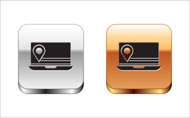 Beyaz arkaplanda konum belirleyici simgesi olan siyah dizüstü bilgisayar. Gümüş-altın kare düğme. Vektör İllüstrasyonu