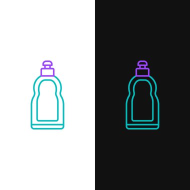 Green and purple line Plastic bottle for liquid laundry detergent, bleach, dishwashing liquid or another cleaning agent icon isolated on white and black background.  Vector Illustration