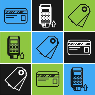 Satır kredi kartı, boş etiket fiyat etiketi ve eklenmiş kredi kartı simgesiyle Pos terminalini ayarla. Vektör