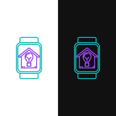 Yeşil ve mor çizgili akıllı saat akıllı ev ve ampul ikonu beyaz ve siyah arka planda izole. Vektör İllüstrasyonu