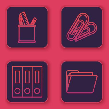 Kalem kutusu kırtasiyesi, kağıt ve belgeli ofis klasörleri, ataç ve belge klasörünü ayarla. Mavi kare düğme. Vektör