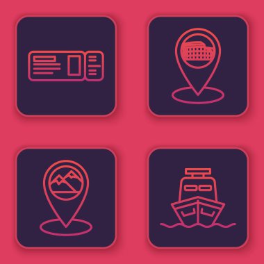 Çizgili seyahat bileti, dağlı harita işaretleyici, Roma, İtalya ve Ship 'te Kolezyum haritası işaretleyici. Mavi kare düğme. Vektör