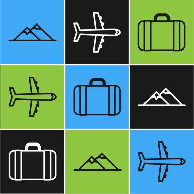 Hat dağları, seyahat için bavul ve uçak simgesi. Vektör