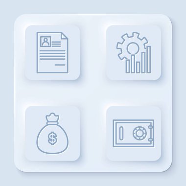 Satır özeti, pasta grafiği bilgileri, para çantası ve kasa. Beyaz kare düğme. Vektör