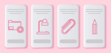 Set line Folder settings with gears, Table lamp, Paper clip and Pencil. White rectangle button. Vector