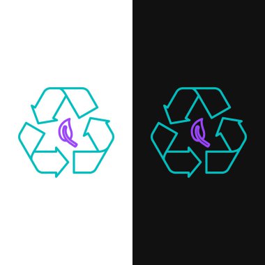 Green and purple line Recycle symbol and leaf icon isolated on white and black background. Environment recyclable go green.  Vector Illustration