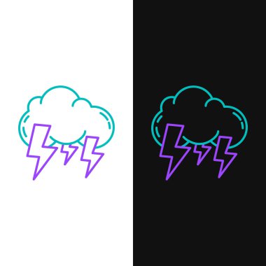 Green and purple line Storm icon isolated on white and black background. Cloud and lightning sign. Weather icon of storm.  Vector Illustration