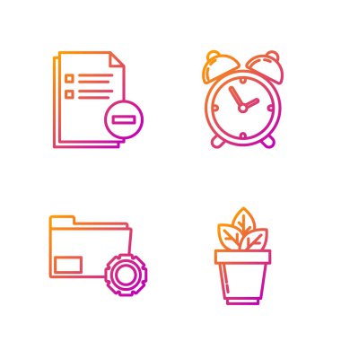 Set line Flowers in pot, Folder settings with gears, Document with minus and Alarm clock. Gradient color icons. Vector