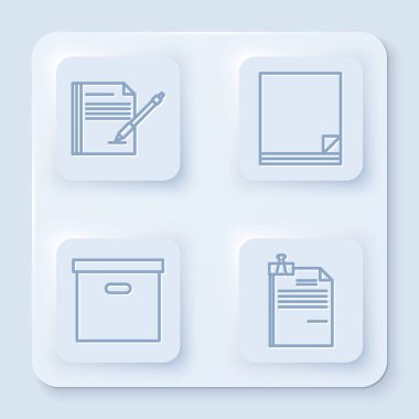 Satır Boş Defter ve Kalem, Dosya belgesi, Karton karton kutu ve Dosya belgesi ve klasör klipini ayarla. Beyaz kare düğme. Vektör