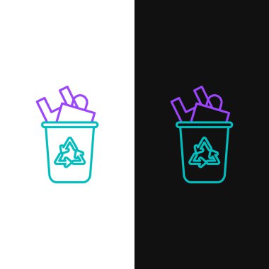 Green and purple line Recycle bin with recycle symbol icon isolated on white and black background. Trash can icon. Garbage bin sign. Recycle basket sign.  Vector Illustration
