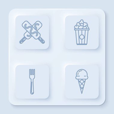 Dondurma, karton kutuda patlamış mısır, waffle külahında çatal ve dondurma. Beyaz kare düğme. Vektör