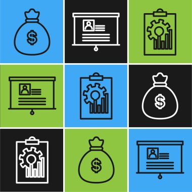 Set line Money bag, Clipboard with graph chart and Board with resume icon. Vector