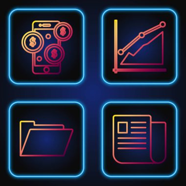 Satır Dosyası belgesi, Belge klasörü, Dolar sembollü Smartphone ve Pasta grafiği bilgisini ayarla. Renk simgeleri. Vektör