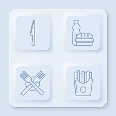 Çizgili bıçak, bir şişe su ve burger, çapraz çatal ve patates kızartması paket kutusunda. Beyaz kare düğme. Vektör