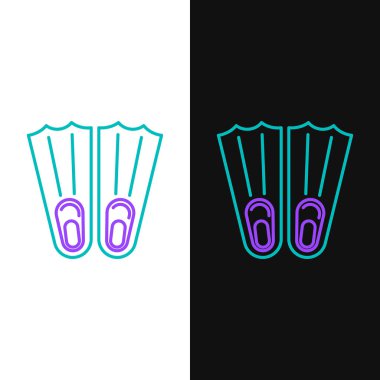 Green and purple line Rubber flippers for swimming icon isolated on white and black background. Diving equipment. Extreme sport. Sport equipment.  Vector Illustration