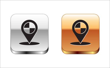 Beyaz arkaplanda izole edilmiş taksi simgesi olan siyah harita işaretçisi. Konum sembolü. Gümüş-altın kare düğme. Vektör İllüstrasyonu