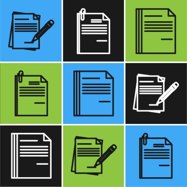 Silgi, Dosya belgesi ve Dosya belgesi ve ataç simgesi içeren boş defter ve kalem satırını ayarla. Vektör