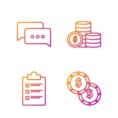 Dolar sembollü bozuk para, kontrol listeli pano, konuşma balonu sohbeti ve dolar sembollü bozuk para. Renk simgeleri. Vektör