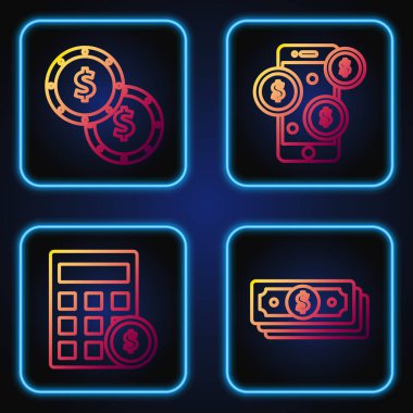 Hat Stacks kağıt para nakit, dolar sembollü hesap makinesi dolar sembollü bozuk para ve dolar sembollü akıllı telefon. Renk simgeleri. Vektör