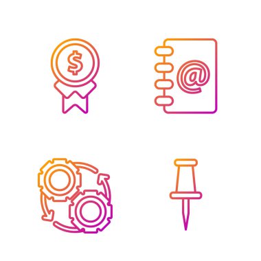 Set line Push pin, Gear and arrows as workflow process concept, Reward for good work and Address book. Gradient color icons. Vector