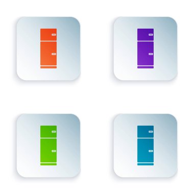 Renkli Buzdolabı simgesi beyaz arkaplanda izole edildi. Buzdolabı buzdolabı. Ev aletleri ve aletler. Kare düğmelere simgeleri yerleştir. Vektör İllüstrasyonu